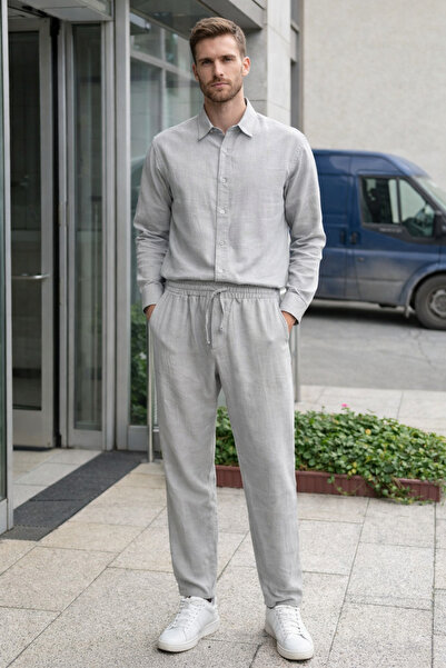 Tarz Cool Men's Gray Oversize Linen Suit Loose Cut Shirt Pants Summer Combina...