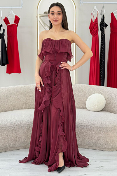 zks grup tekstil Women's Strapless Double Slit Ruffle Evening Dress Water Gre...