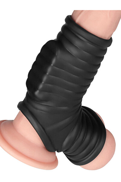 Vibrating Wave Knights Ring with Scrotum Sleeve - Siyah, Titreşimli - Bulvar Shop