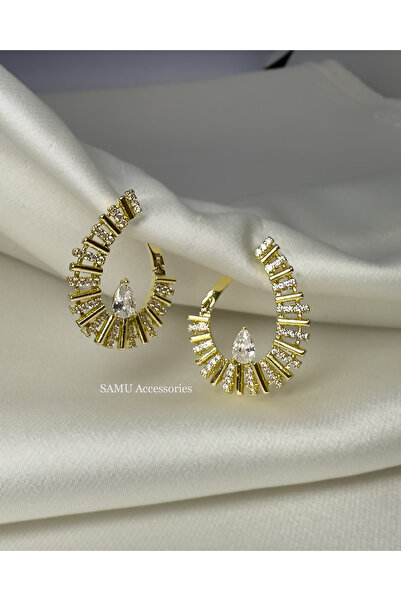 Samu Accessories Damla Taşlı ve Işın Tasarımlı Çelik Halka Küpe - Golden Radi...
