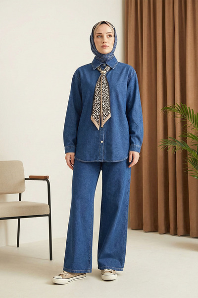 MODAQU Scarf Detailed Double Blue Denim Set with Elastic Waistband