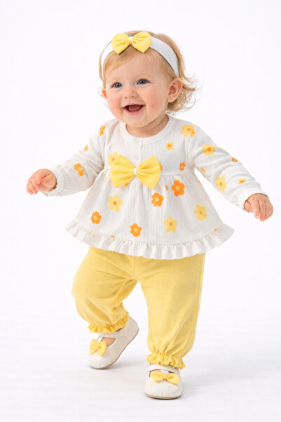 mini kanka Baby Girl Floral Print Bandana Bow 3-Piece Set – Long Sleeve Dress...