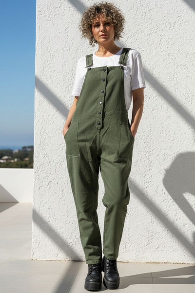 Curly Khaki Cotton Woven Salopet