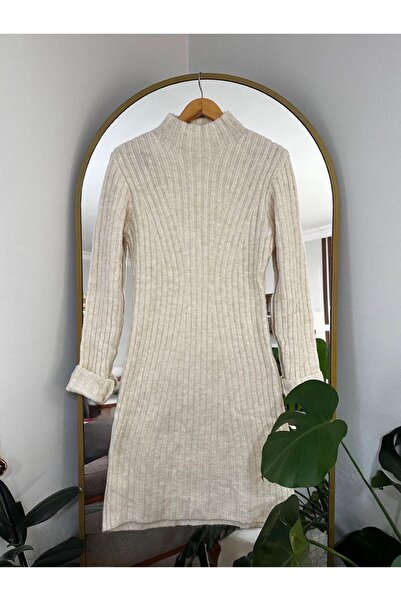 FİOXCO Women's Turtleneck Midi Length 100% Wool Fabric Knitwear Dress