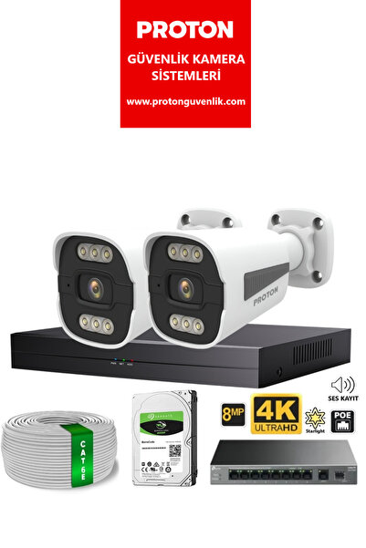 Proton 4K 2 Kameralı Mikrofonlu POE IP Kamera Seti