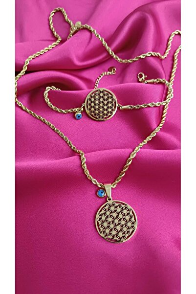 shop طقم سوار وقلادة على شكل زهرة الحياة باللون الذهبي مع خرز العين الشريرة م...