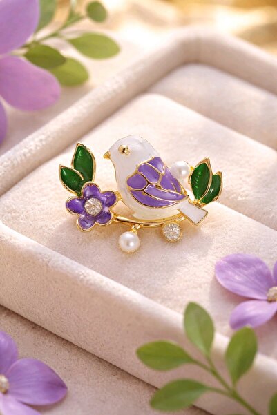 mosmoda İncili Mor Beyaz Kuş Broş, Küçük