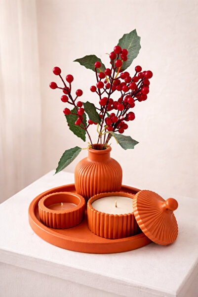 ROTA HOBİ Dekoratif Taş Tozu Mumluk ve Vazo Seti – Minimal Çizgili Tasarım