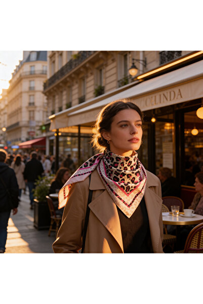 line33studio Pembe Leopar Desenli Kare Krep Fular 55x55