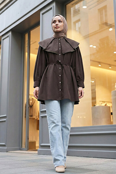 MODAQU Stylish Cotton Satin Shirt with Brown Piping and Belt