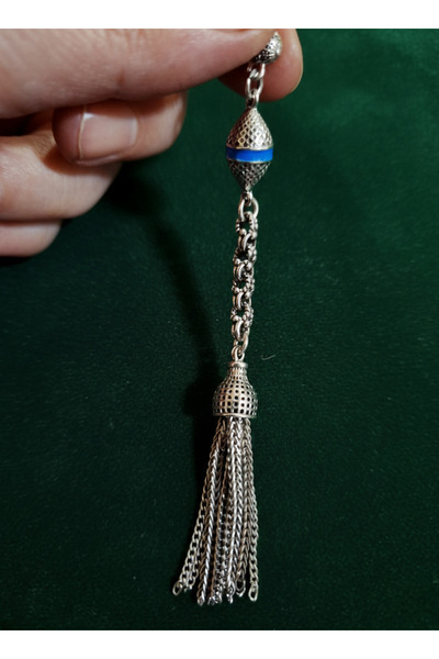 ARSİN TESBİH & AKSESUAR Mavi Şeritli Gümüş Kaplama Tesbih Püskülü 10 - 11 cm ...