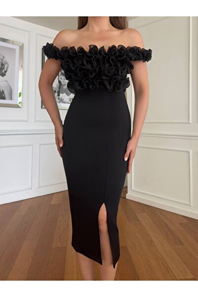 Rabona Fashion Gül Detaylı Omuz Dekolteli Yırtmaçlı Midi abiye Elbise