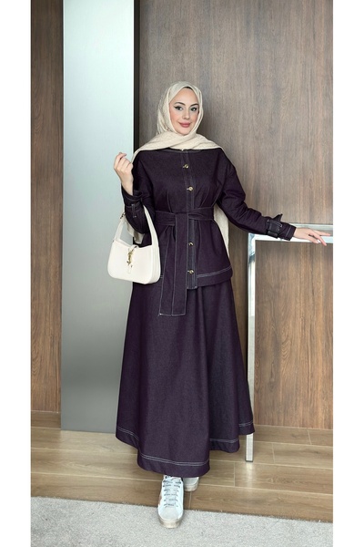 lurex moda Gold Buttoned Skirted Denim Suit