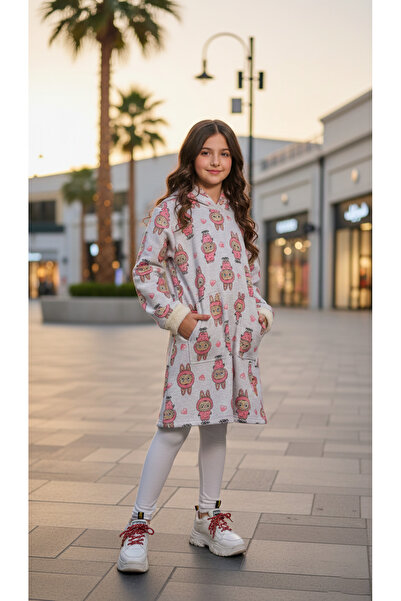 h.kids Winter hooded dress - grey with pink polka dots