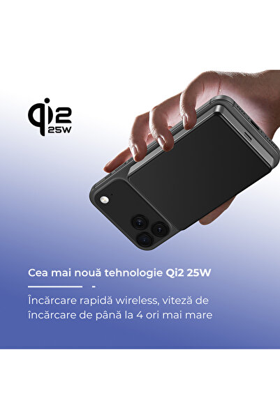 Voltres Baterie externa 10000mAh Qi2.2 25W, MagSafe, Incarcare Qi2.2 25W Wireless & 45W Cablu, Negru