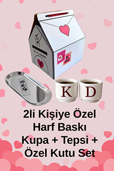 Beige & Stone 2’li Kişiye Özel Harf Baskılı Sevgililer Günü Fincan & Tepsi He...
