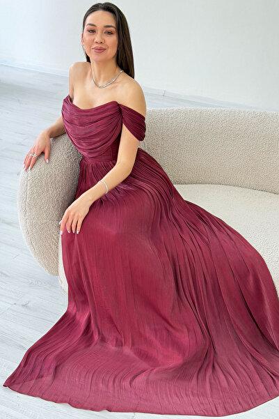 the ZKS Kadın Düşük Omuz Drapeli Uzun Abiye Elbise Bordo, Lacivert, Bej