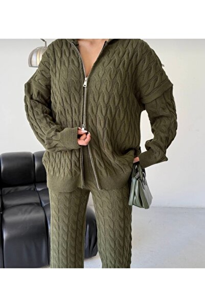 Butik Kadın kapüşonlu saç örgü çift fermuarlı viral triko takım