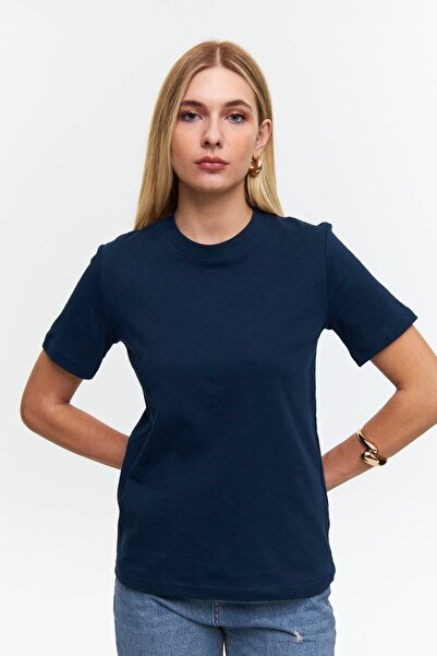 Tuba Plain crew neck t-shirt made from 100% cotton - dark blue - made in Turkey