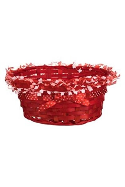 Jumbo Decorative Oval Bamboo Basket with Red Fabric and Ribbon Ø26 x 12.5 cm
