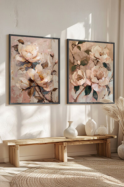 STARYUNA Black Wooden Framed Pastel Flower Themed Double Painting Set Yuna529