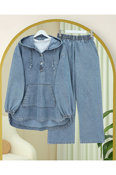 Modamorfo Kangaroo Pocket Hooded Jeans Set with Snap Fasteners on the Front -...