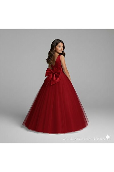 PRİNCESS Girl's Red Bow Back Tulle Skirt Princess Dress,Girl's Graduation Dress