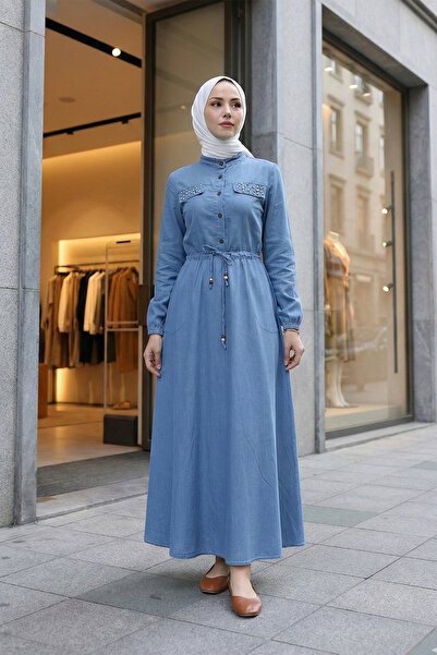 MODAQU Tunnel Lace Pearl Embellished Long Denim Dress Blue