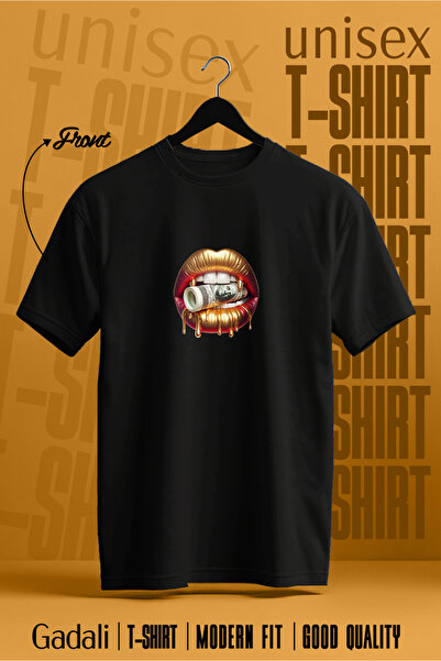 Gadali Unisex Gold Painted Lip Print T-Shirt