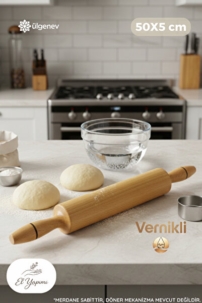 Ülgenev 50 cm Vernikli Ahşap Merdane Pürüzsüz Hamur Açma Merdanesi Büyük Boy