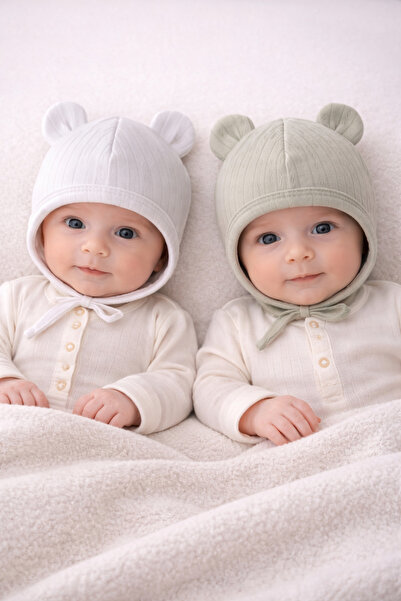 greenmoss 100% Cotton 2-Piece Newborn Baby Hat with Ear Straps and Laces