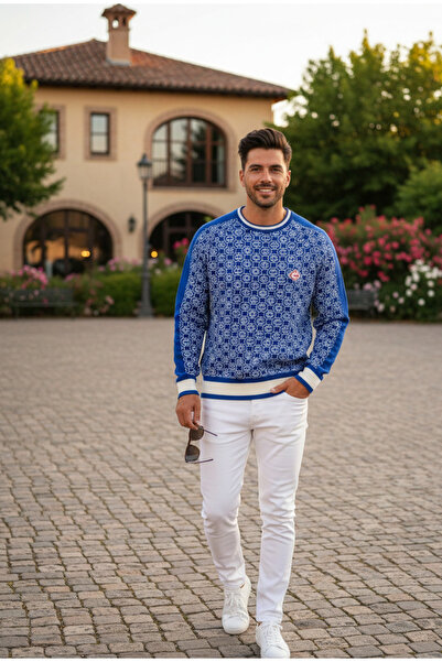 YusGos Men's Crew Neck Steel Knit High Quality Casa Patterned Sweater