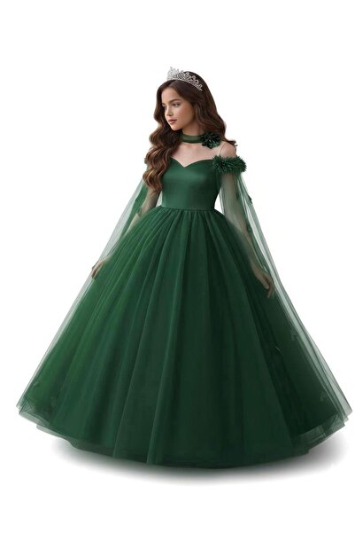 Star Kids Girl's Flower Detailed Emerald Green Tulle Dress, Girl's Graduation...