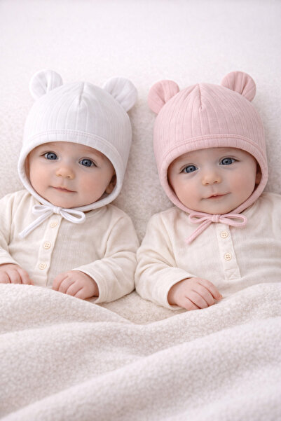 greenmoss 100% Cotton 2-Piece Newborn Baby Hat with Ear Straps and Laces