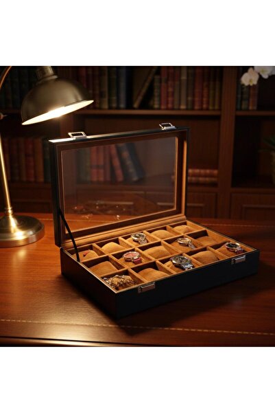 zyc Luxury 15-Slot Watch Storage Box with Leather Glass Cover and Stylish Des...