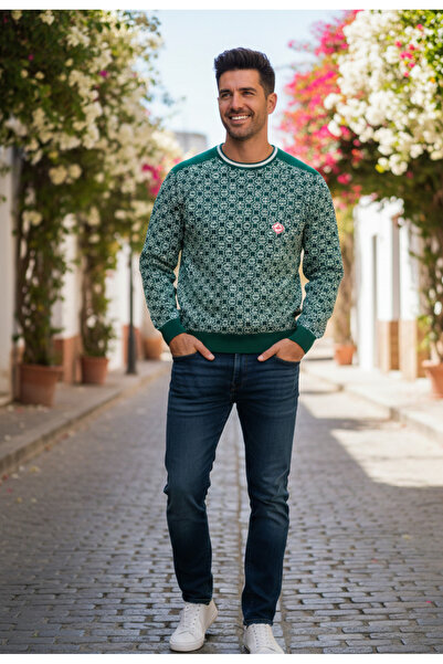 YusGos Men's Crew Neck Steel Knit High Quality Casa Patterned Sweater