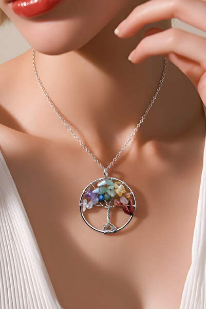 NBS Beautiful Naturel Stones Women's Steel Chain 7 Chakra Tree of Life Necklace