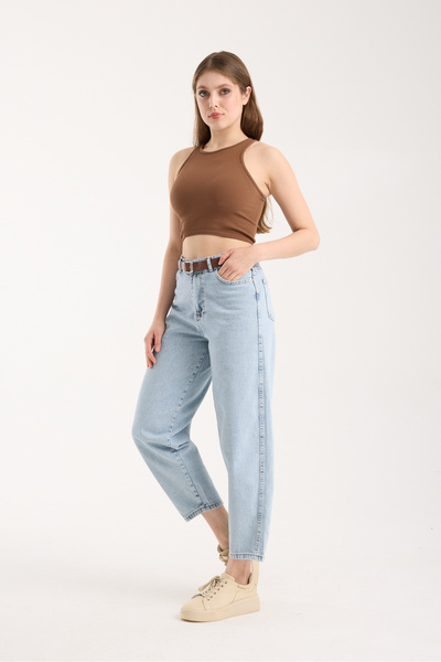 LAMİRA Karyıkama Straight Legged Jean Baggy High Waist Belt Detailed Women's Jeans Fashion
