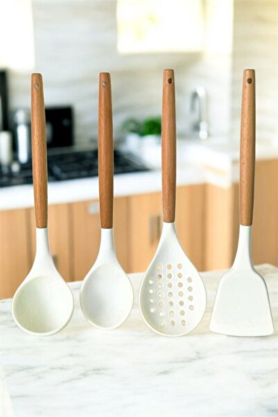 LeylArt طقم تقديم المطبخ مكون من 4 قطع بمقبض من الخيزران السيليكون باللون الك...