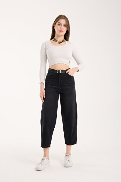 LAMİRA Black Spray Painted Straight Legged Jean Baggy High Waist Belt Detaile...