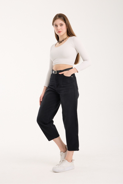 LAMİRA Black Spray Painted Straight Legged Jean Baggy High Waist Belt Detailed Women's Jeans 2026 Design