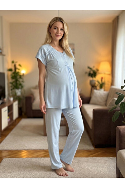 Lohusa Homewear Нов сезон Син дантелен детайл Летен комплект пижама с къси ръ...