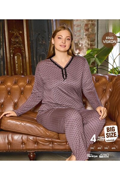 İpek Women's Long Sleeve Plus Size V-Neck Polka Dot Pattern Pajama Set