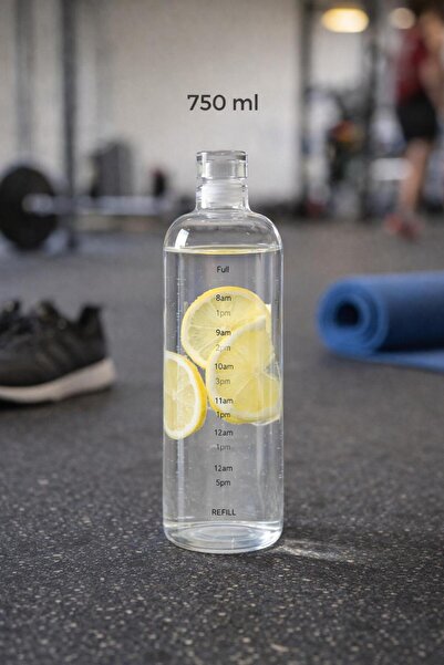 NUSYA STORE 750 ml Cam Suluk - Zaman Ölçekli Su Şişesi - Günlük Su Takipli Şe...