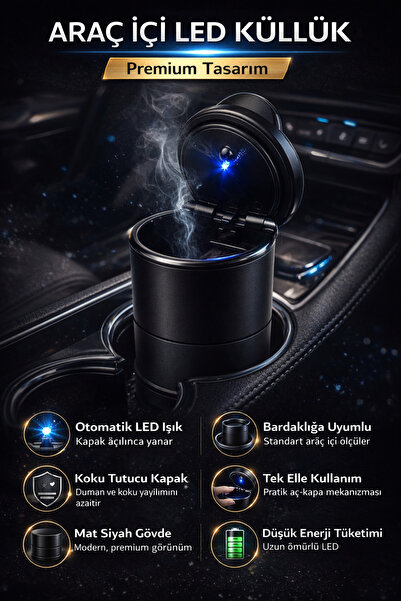 Single Araç İçi Led Küllük Kapaklı Araba Oto Küllüğü