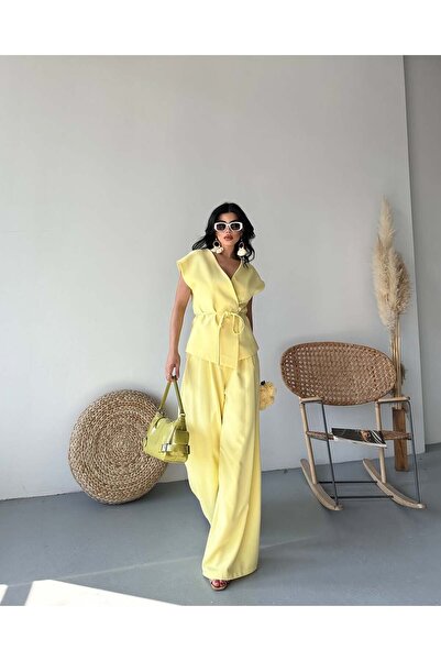 MODA Kadın V Yaka Kemerli Bluz Pantolon Takım