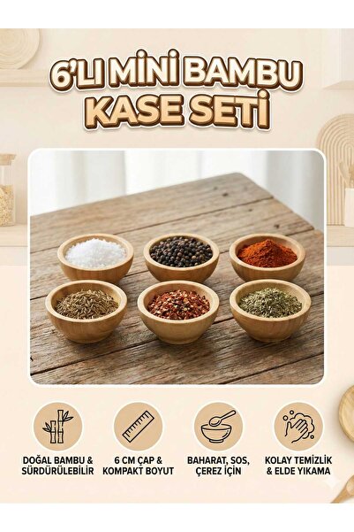 LOVYCO 6'lı Bambu Mini Kase Seti - Doğal Ahşap Sosluk, Çerezlik ve Kahvaltılı...