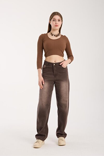 LAMİRA Baggy Brown High Waist Women's Trendy Trousers with Belt Detail