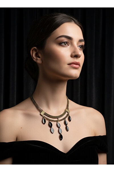 rose smile Antique Gold Black Stone Detailed Bohemian Women's Necklace – Auth...