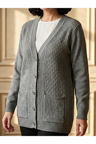 tiriTEK TRİKO Patterned Knitwear Mother's Cardigan / Anthracite